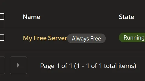 Oracle Cloud dashboard showing Always Free instance status